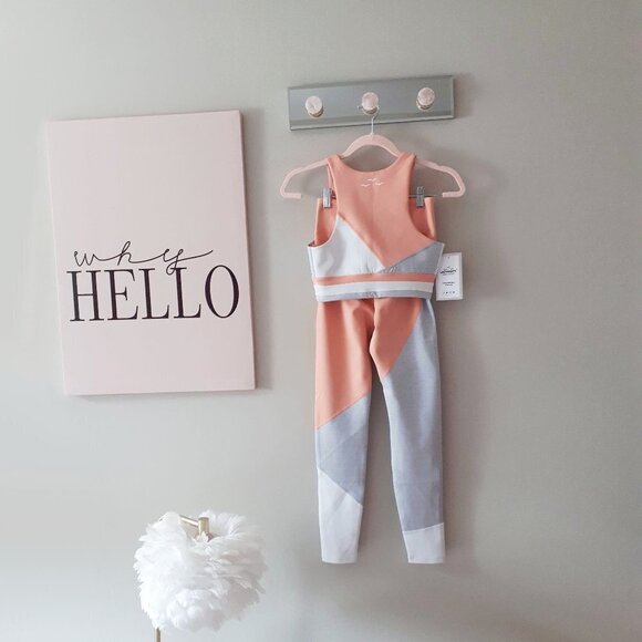 NWT Lazypants coral pink peach, grey & white sports bra top & leggings bundle - Picture 13 of 13